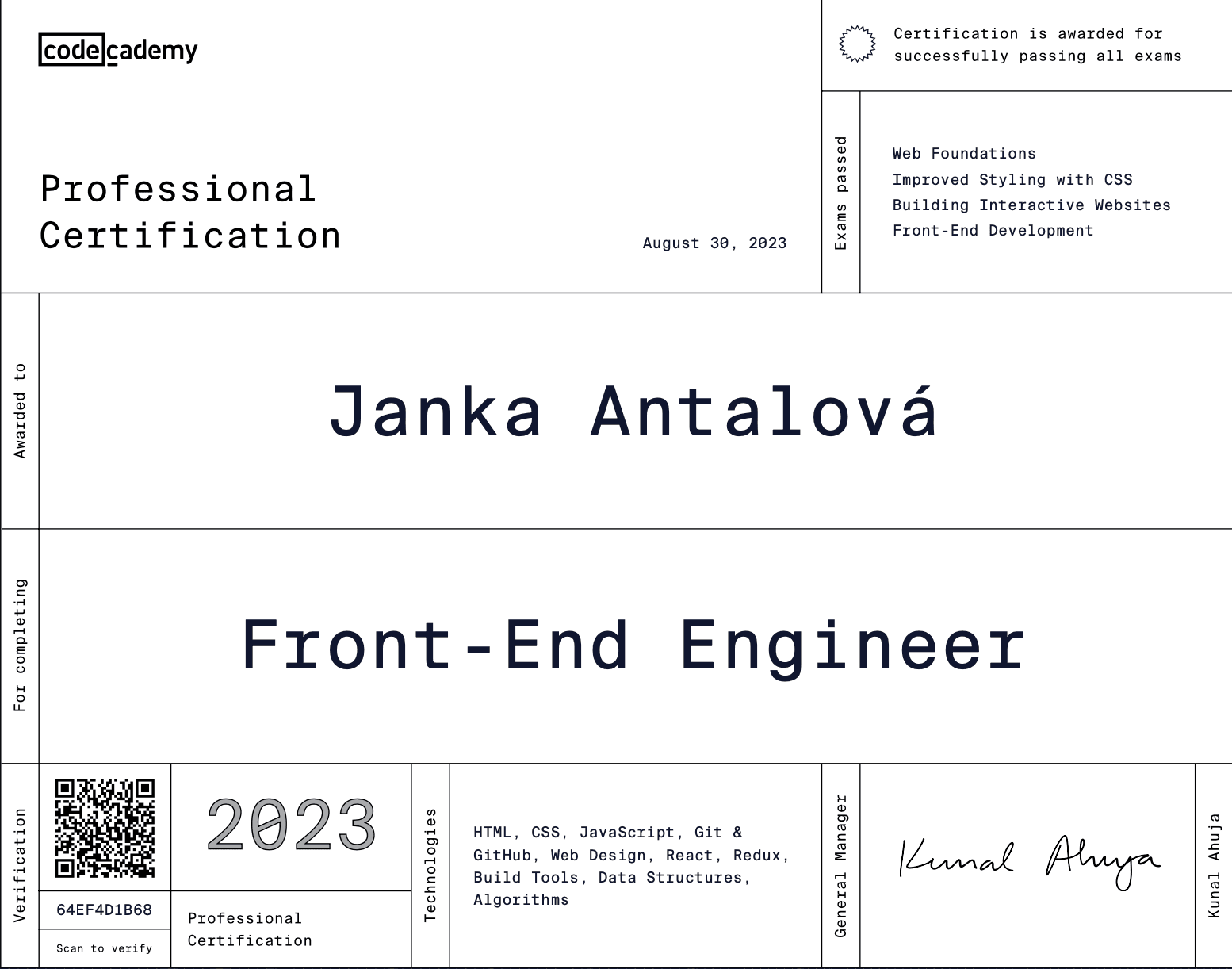 certificate of completion, Codecademy, Frontend engineer